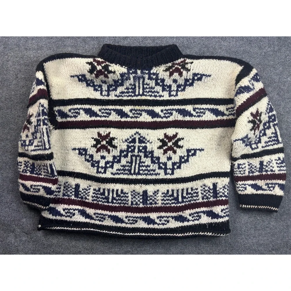 Rey Wear Wool Sweater Mens XL Cream Blue Hand Made Ecuador Geometric Knit 65440